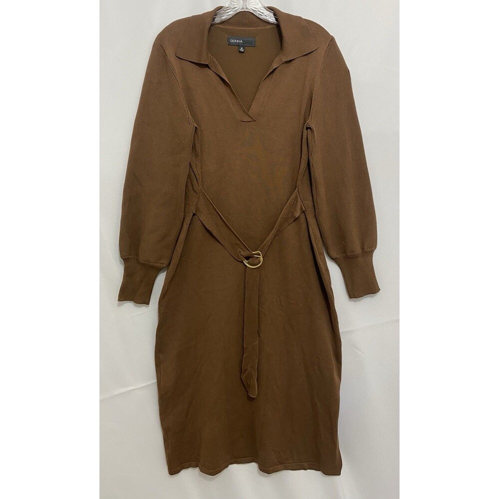 Donna Ricco Womens M Brown Belted Knit Sheath Sweater Dress Long Sleeve